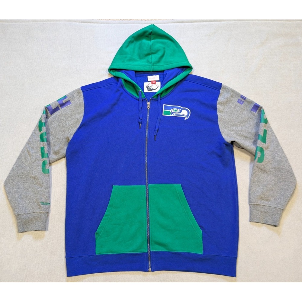 Seattle Seahawks Hoodie Mens 2XL Blue Mitchell Ness Full Zip Jacket Retro NFL